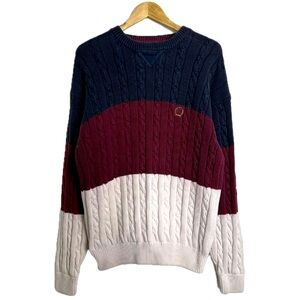 Vintage Tommy Hilfiger Sweater Men L Navy Red Cream 90s Cable Knit Logo Crest